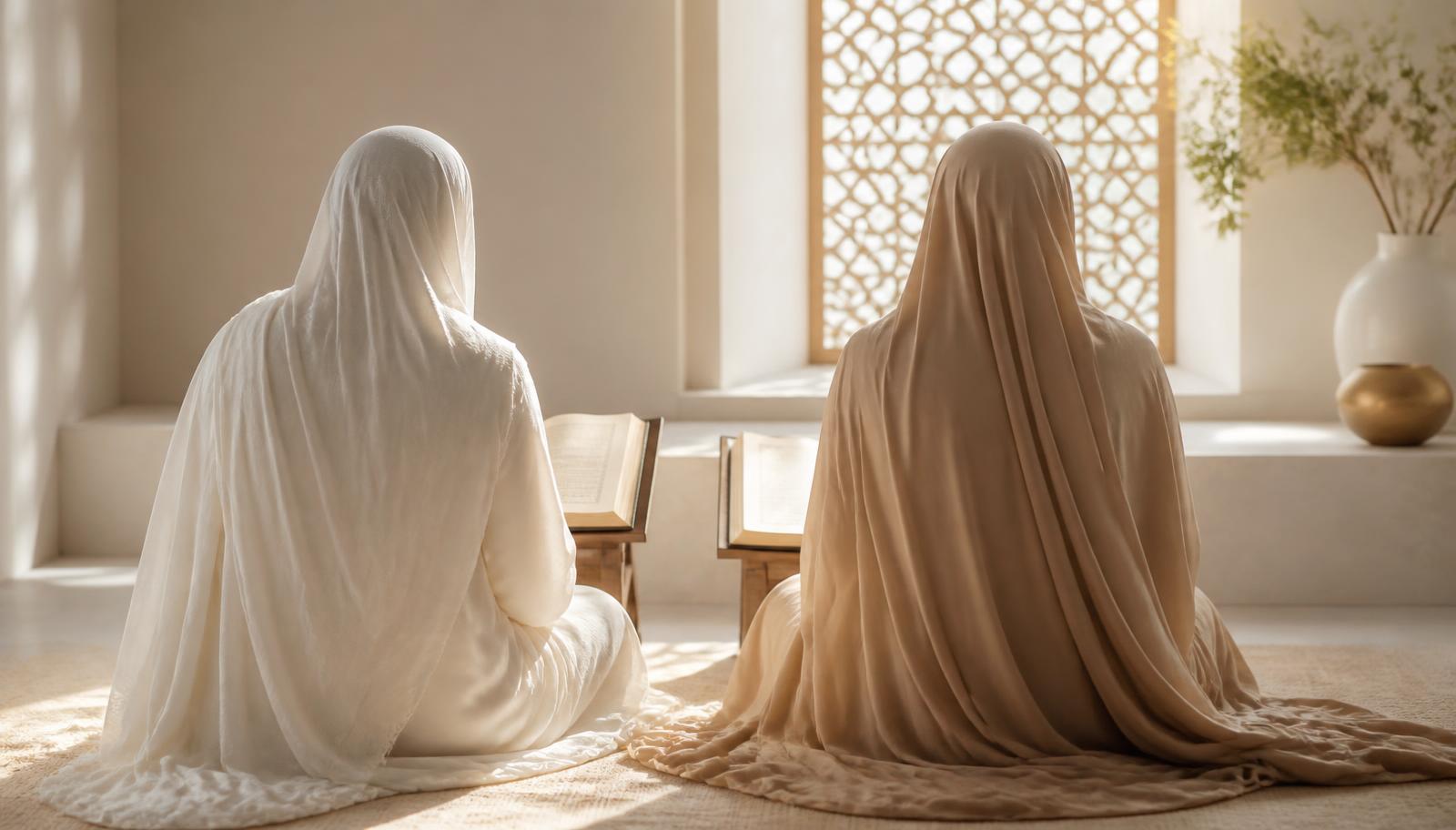 Deux sœurs voilées vues de dos, assises devant leurs mushafs ouverts dans une salle claire à moucharabieh