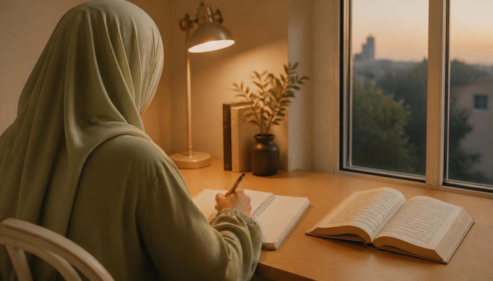 Sœur voilée vue de dos écrivant dans un cahier près d'une fenêtre, manuel d'arabe ouvert et lampe chaude