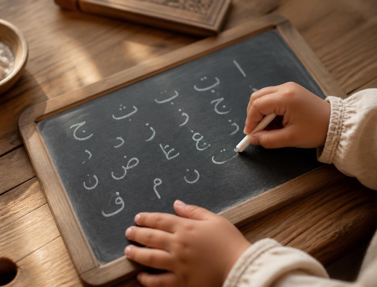 Mains d'un enfant traçant à la craie les lettres de l'alphabet arabe sur une ardoise, table en bois, lumière douce